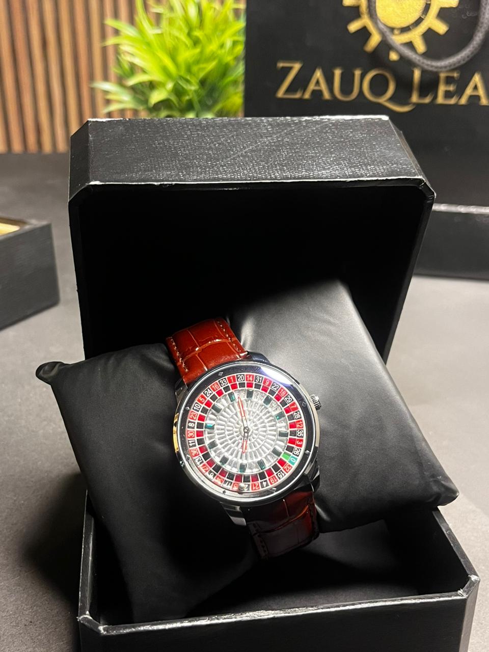 Zauq Leaf Silver Case Brown strap Casino Roulette Men's Watch