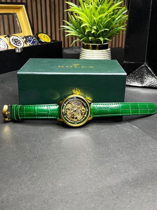 ZAUQ LEAF Rolex Inspired Gold Case Green Strap Skeleton Automatic Watch