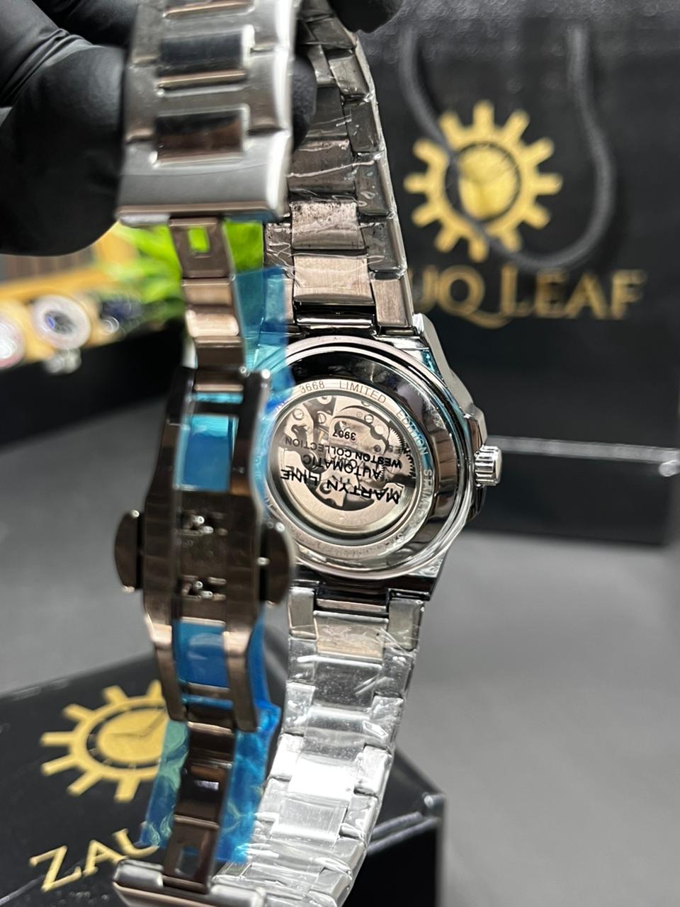 Zauq Leaf Martyn Line Silver Nautilus Style Skeleton Automatic Watch