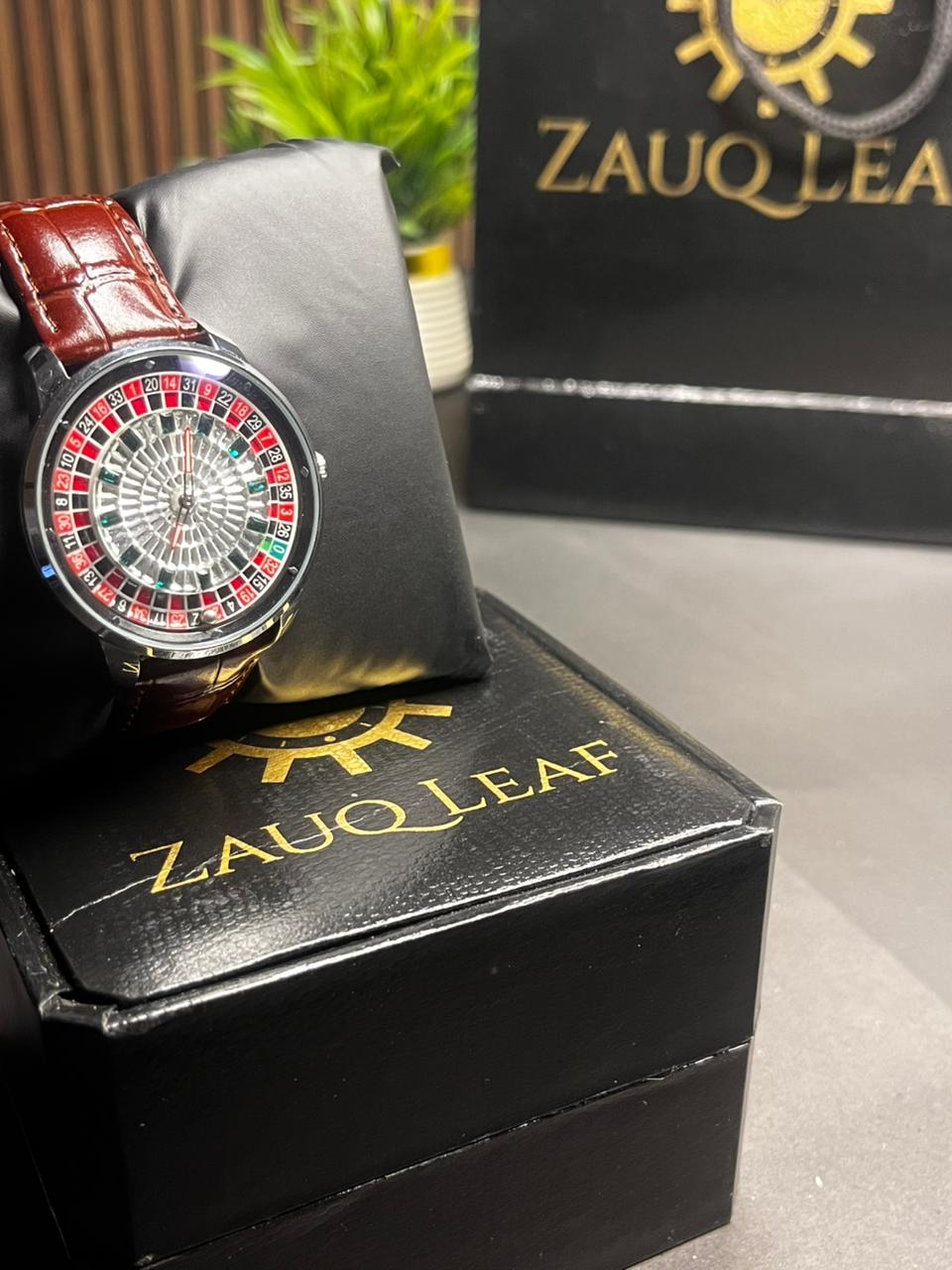 Zauq Leaf Silver Case Brown strap Casino Roulette Men's Watch