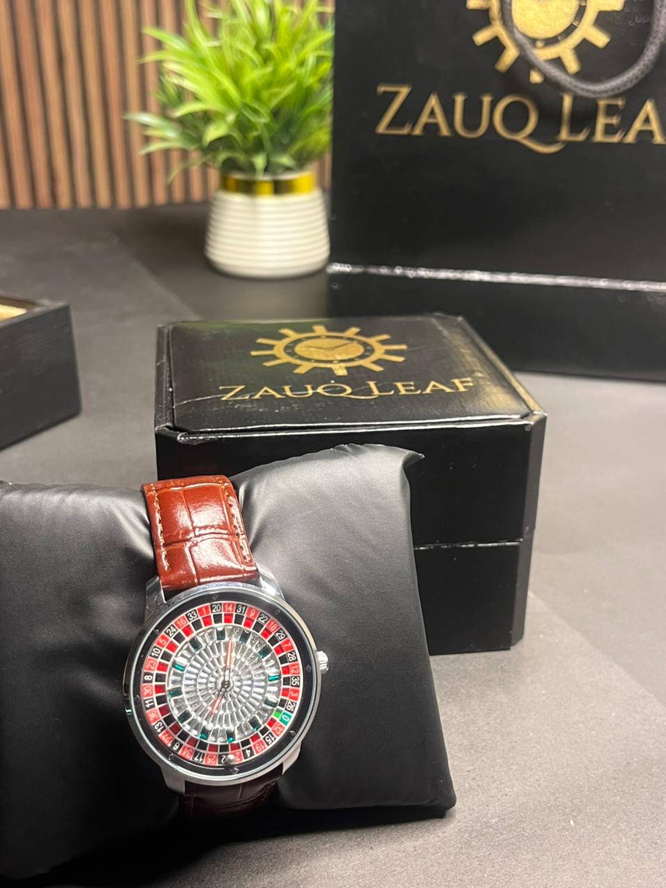 Zauq Leaf Silver Case Brown strap Casino Roulette Men's Watch
