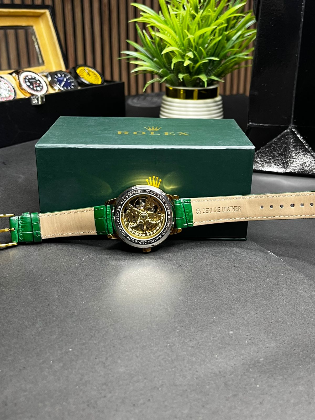 ZAUQ LEAF Rolex Inspired Gold Case Green Strap Skeleton Automatic Watch