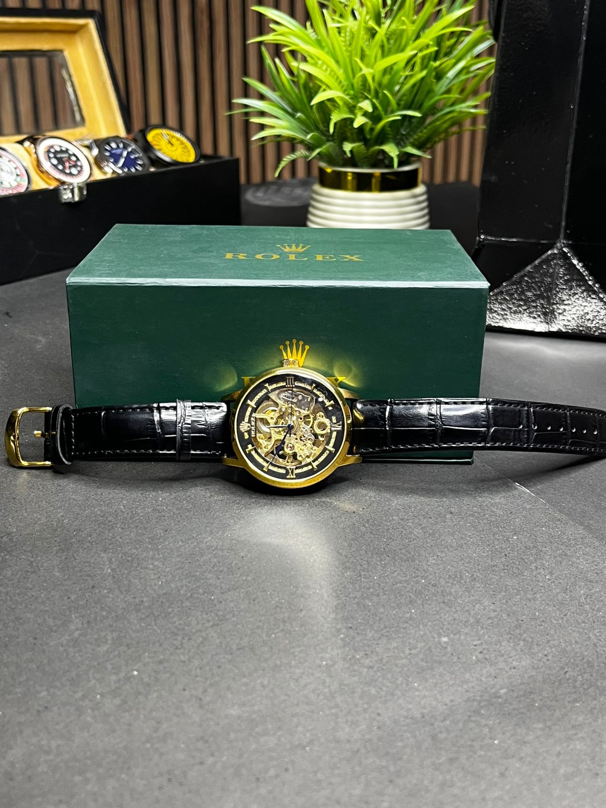 ZAUQ LEAF Rolex Inspired Gold Case Black Strap Skeleton Automatic Watch
