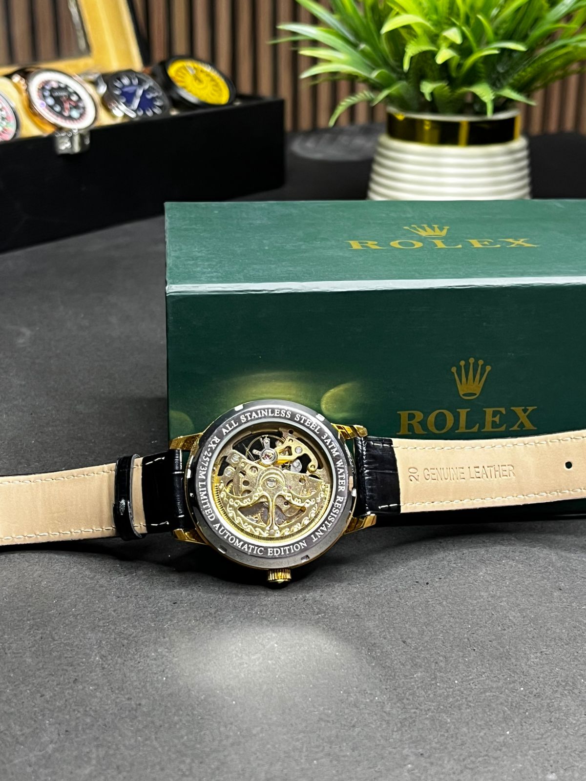 ZAUQ LEAF Rolex Inspired Gold Case Black Strap Skeleton Automatic Watch