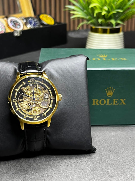 ZAUQ LEAF Rolex Inspired Gold Case Black Strap Skeleton Automatic Watch