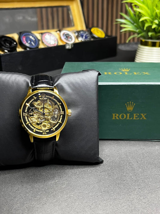 ZAUQ LEAF Rolex Inspired Gold Case Black Strap Skeleton Automatic Watch