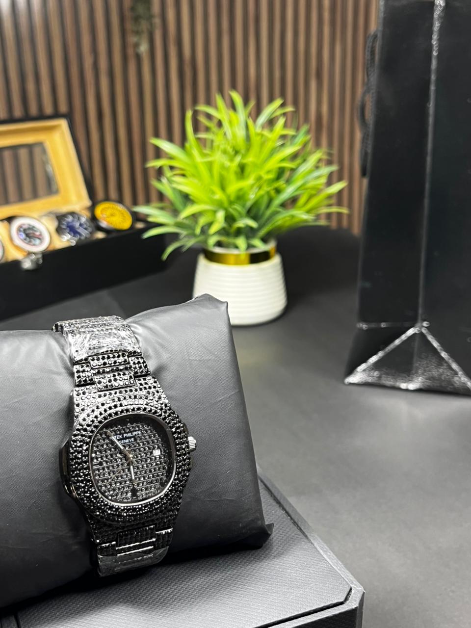 Zauq Leaf PATEK PHILIPPE Inspired Full Black Diamond Nautilus Style Men's Watch
