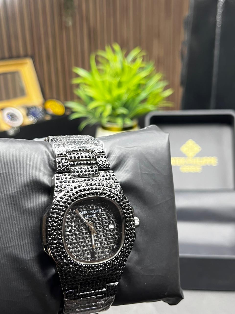 Zauq Leaf PATEK PHILIPPE Inspired Full Black Diamond Nautilus Style Men's Watch