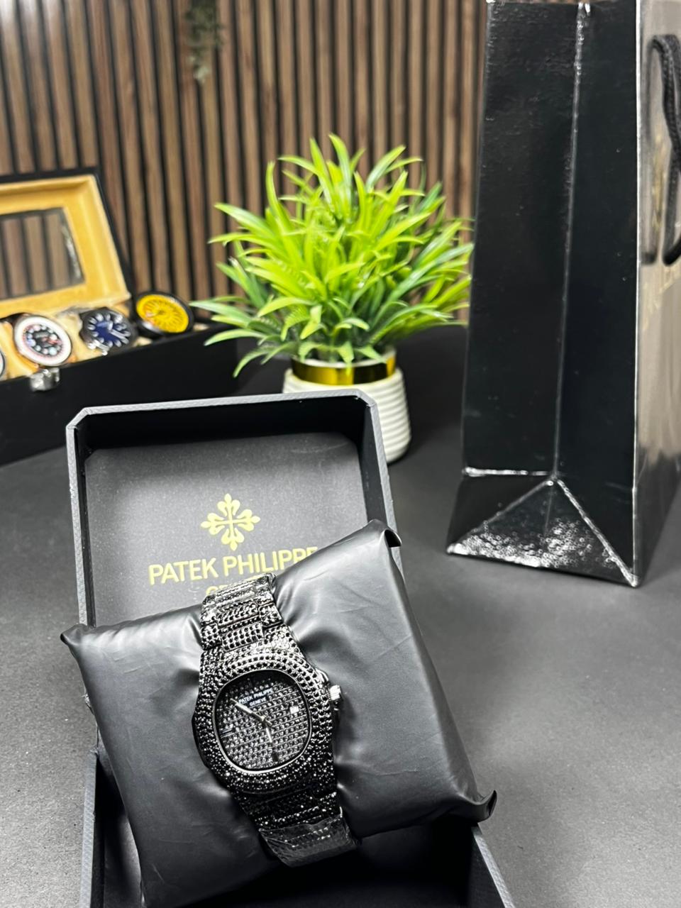 Zauq Leaf PATEK PHILIPPE Inspired Full Black Diamond Nautilus Style Men's Watch