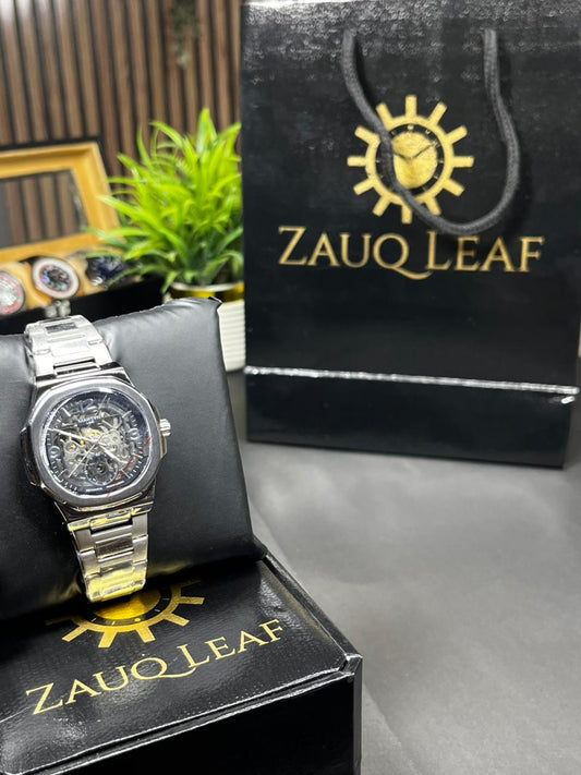 Zauq Leaf Martyn Line Silver Nautilus Style Skeleton Automatic Watch