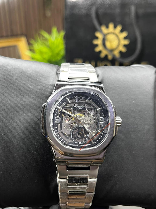 Zauq Leaf Martyn Line Silver Nautilus Style Skeleton Automatic Watch