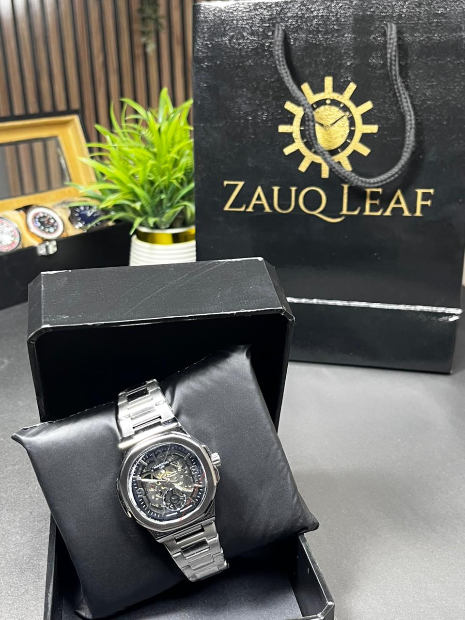 Zauq Leaf Martyn Line Silver Nautilus Style Skeleton Automatic Watch