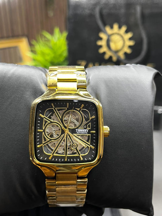 Zauq Leaf Timekey Gold Square Skeleton Automatic Men's Watch
