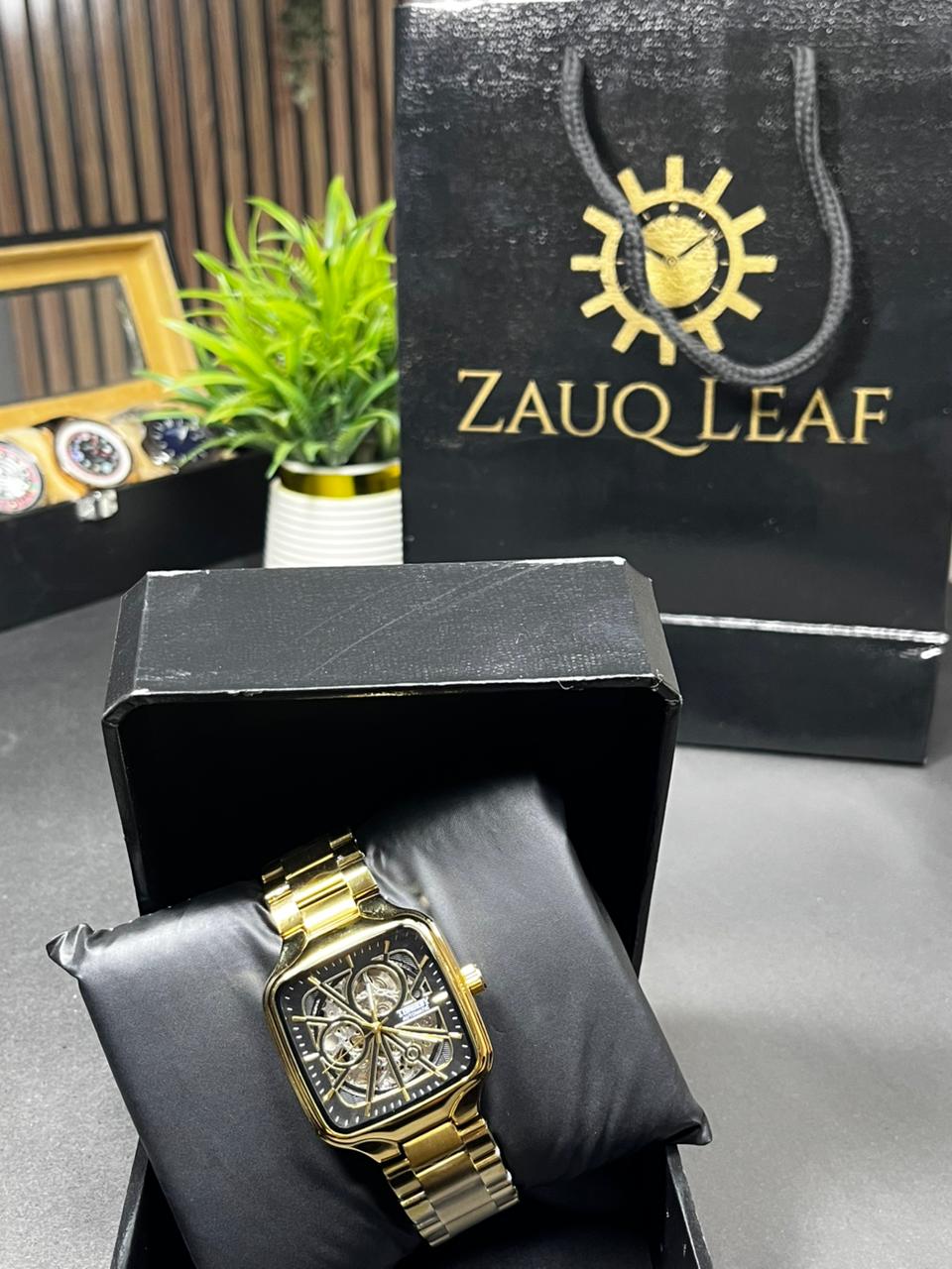 Zauq Leaf Timekey Gold Square Skeleton Automatic Men's Watch