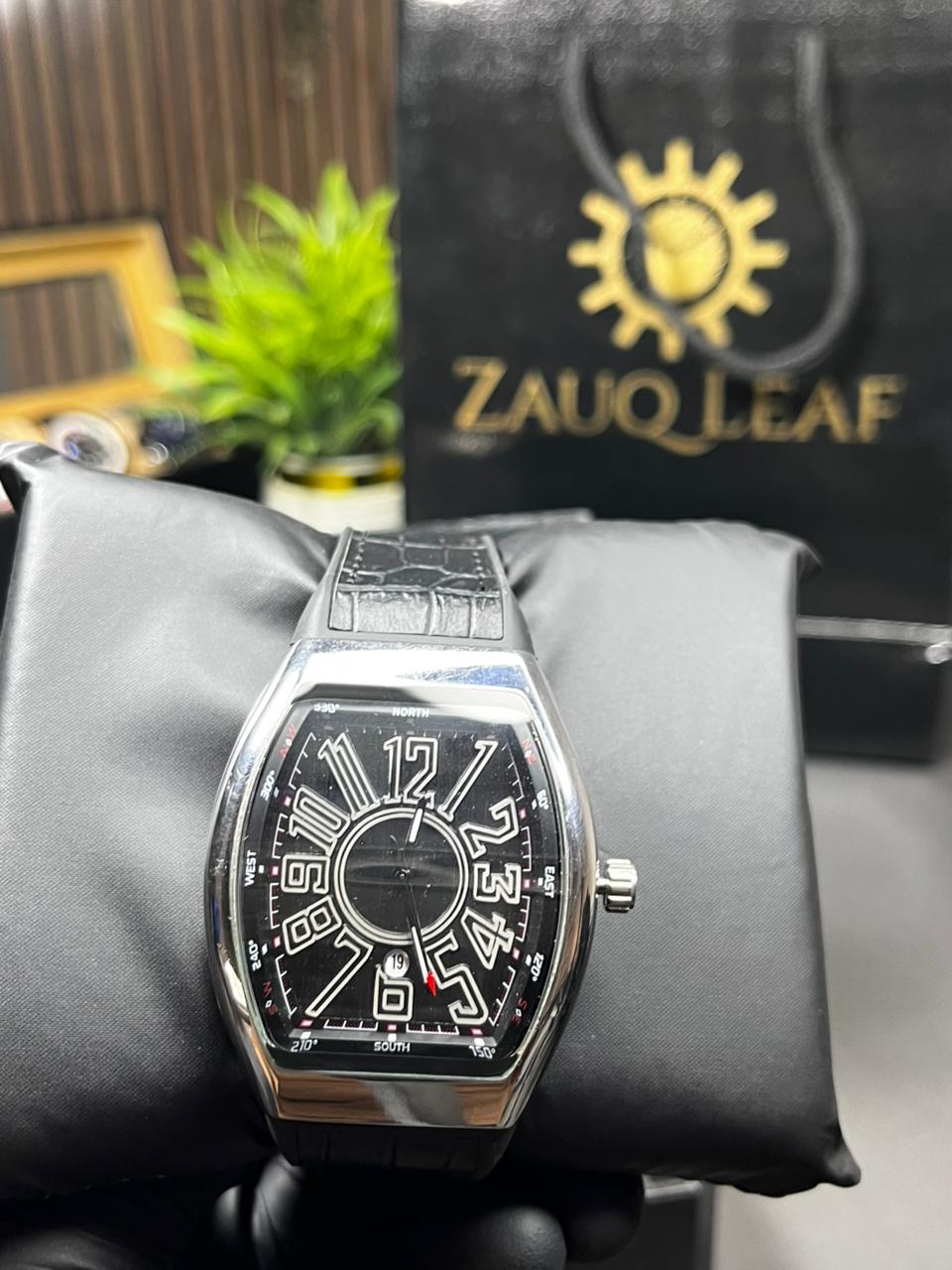 Zauq Leaf Jet Black FRANK MULLER Inspired  Design Tonneau Style Men's Watch
