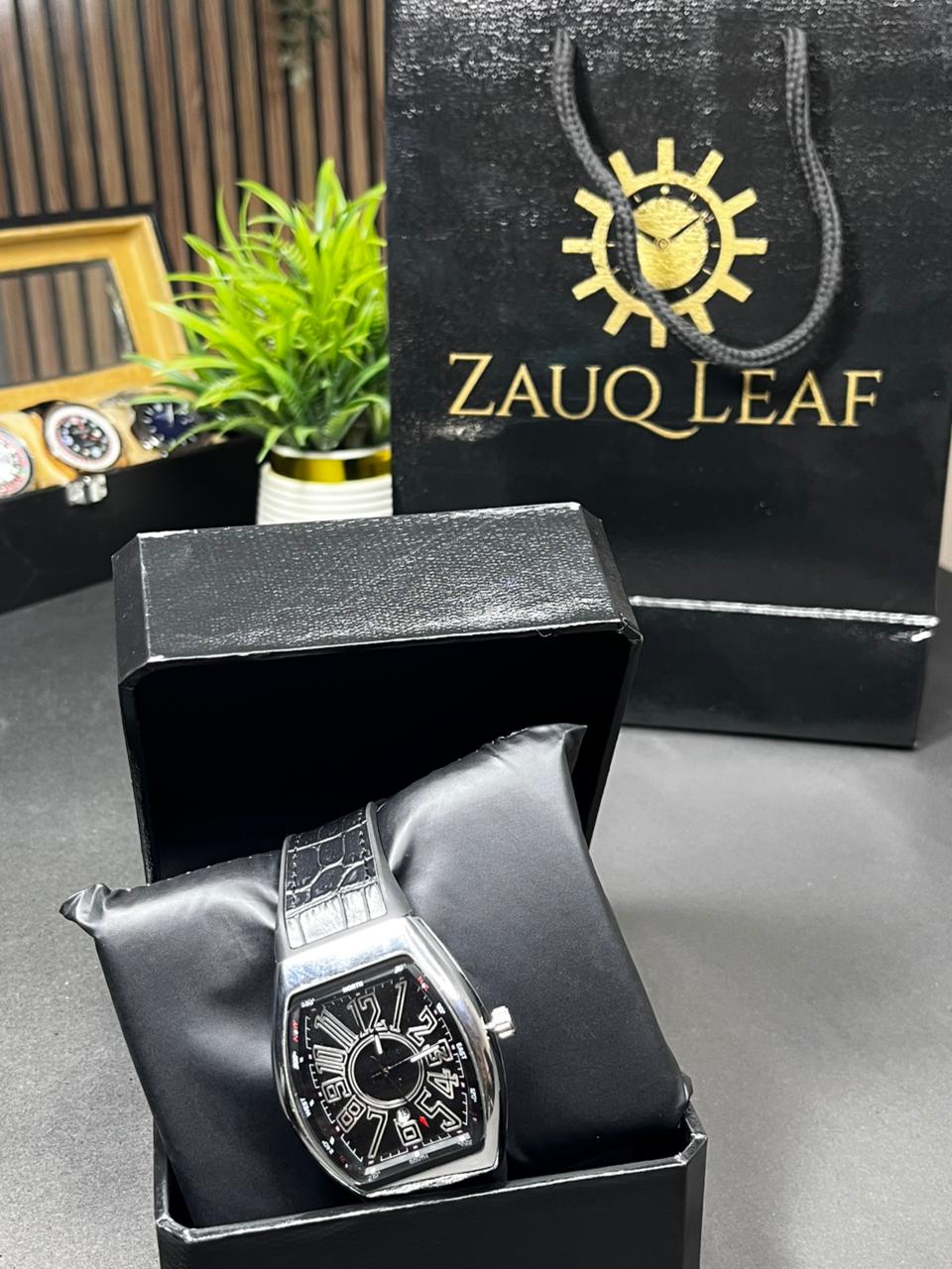 Zauq Leaf Jet Black FRANK MULLER Inspired  Design Tonneau Style Men's Watch
