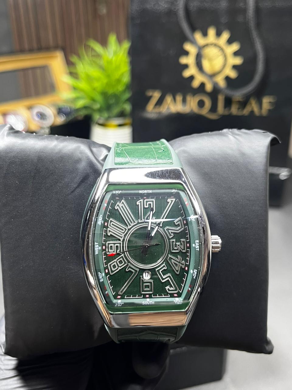 Zauq Leaf Frank muller inspired Design Emerald Green Tonneau Style Men's Watch