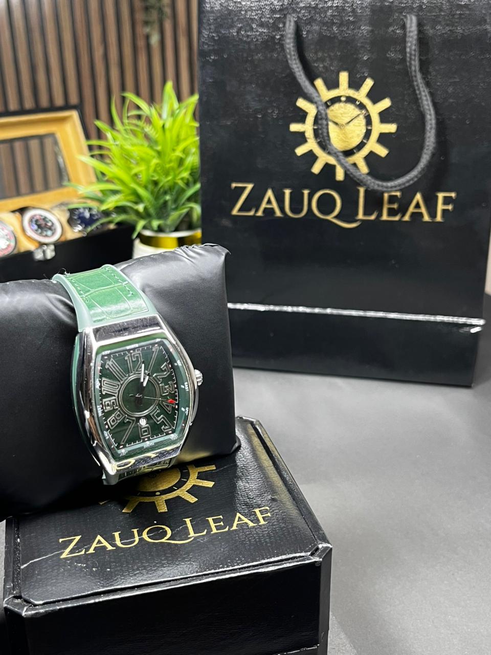 Zauq Leaf Frank muller inspired Design Emerald Green Tonneau Style Men's Watch