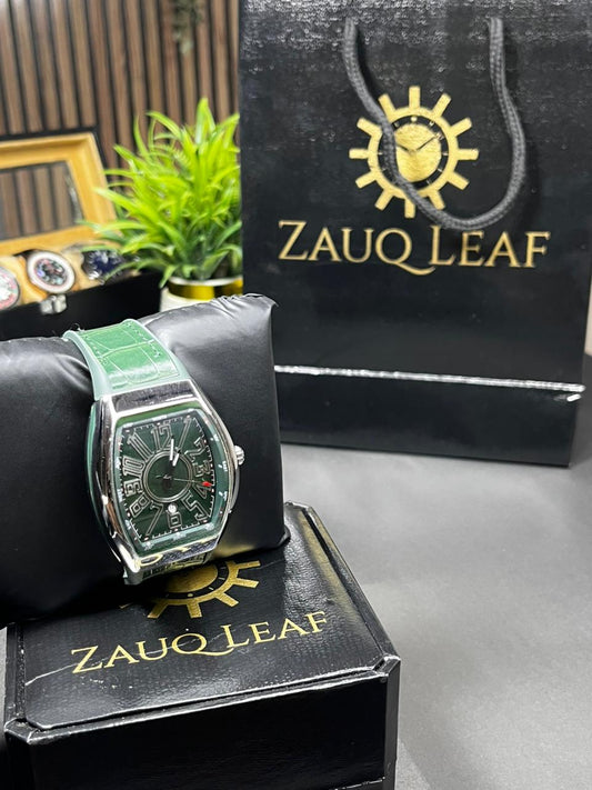 Zauq Leaf Frank muller inspired Design Emerald Green Tonneau Style Men's Watch