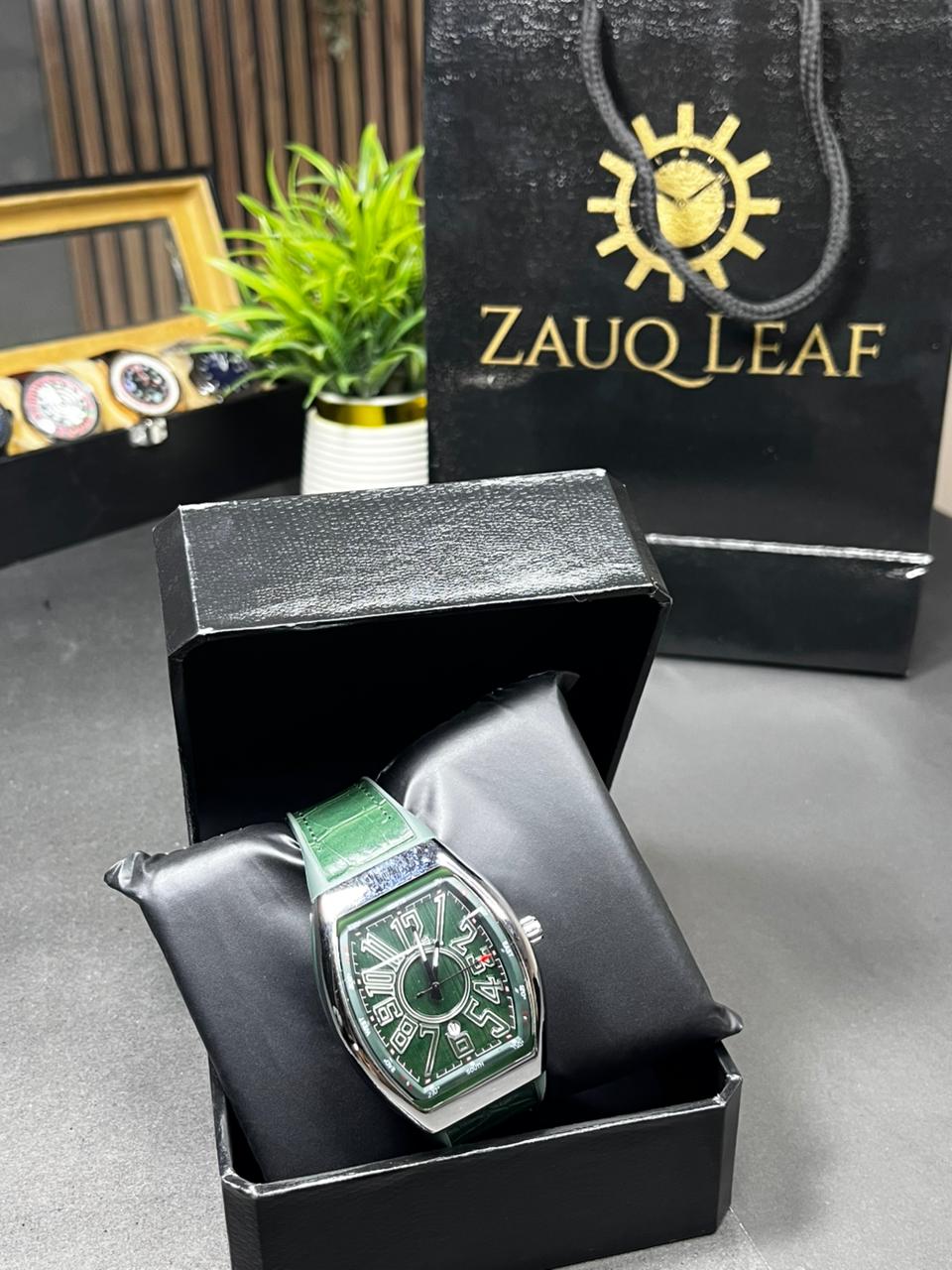 Zauq Leaf Frank muller inspired Design Emerald Green Tonneau Style Men's Watch