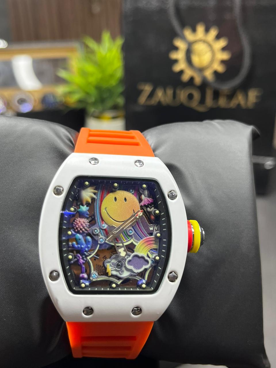 Zauq Leaf RM 88 Inspired White Case Orange Strap Smiley Men's Watch