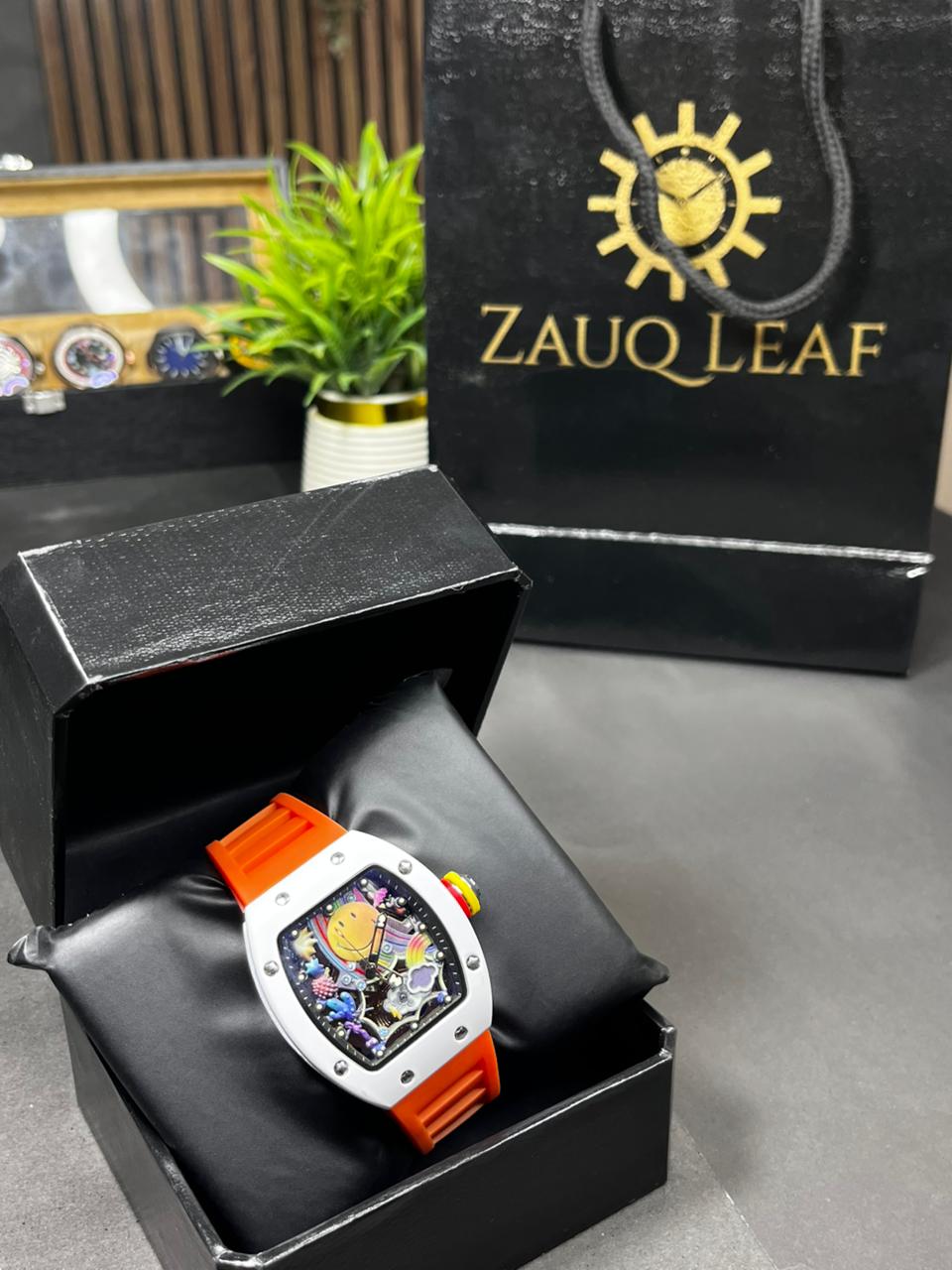 Zauq Leaf RM 88 Inspired White Case Orange Strap Smiley Men's Watch