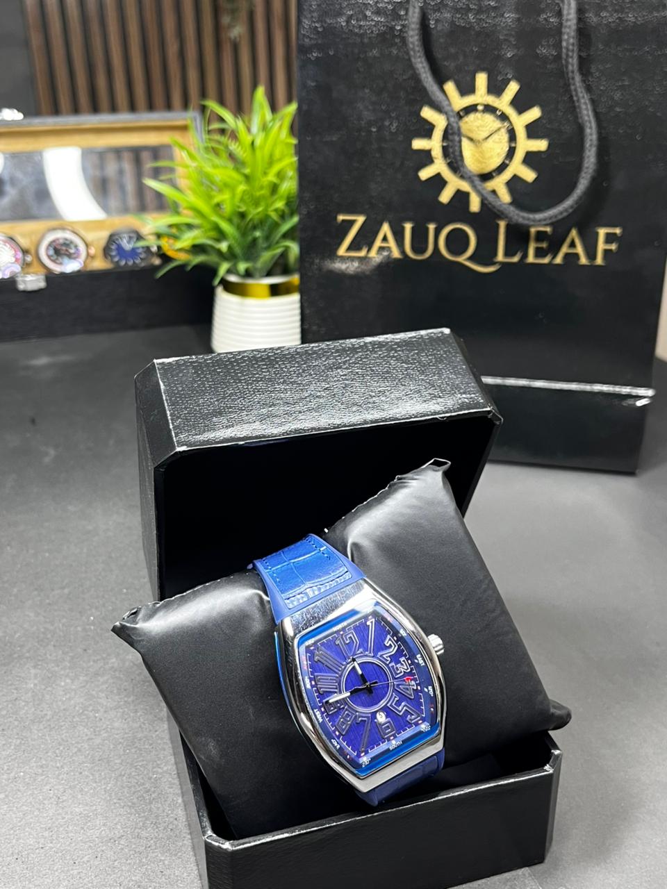Zauq Leaf Frank Muller Inspired Design Royal Blue Tonneau Luxury Men's Watch