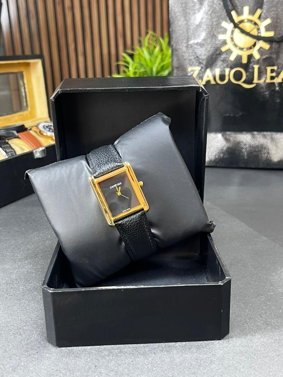 Cartier Inspired Gold Case Black Leather Old Money Men's Watch