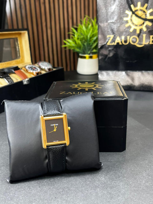 Cartier Inspired Gold Case Black Leather Old Money Men's Watch