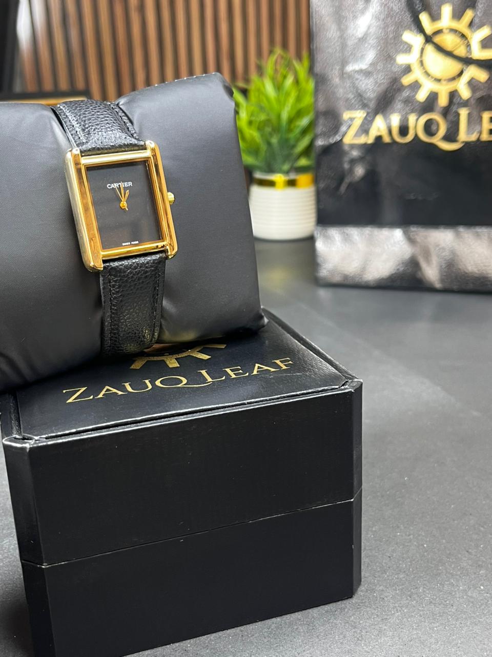 Cartier Inspired Gold Case Black Leather Old Money Men's Watch