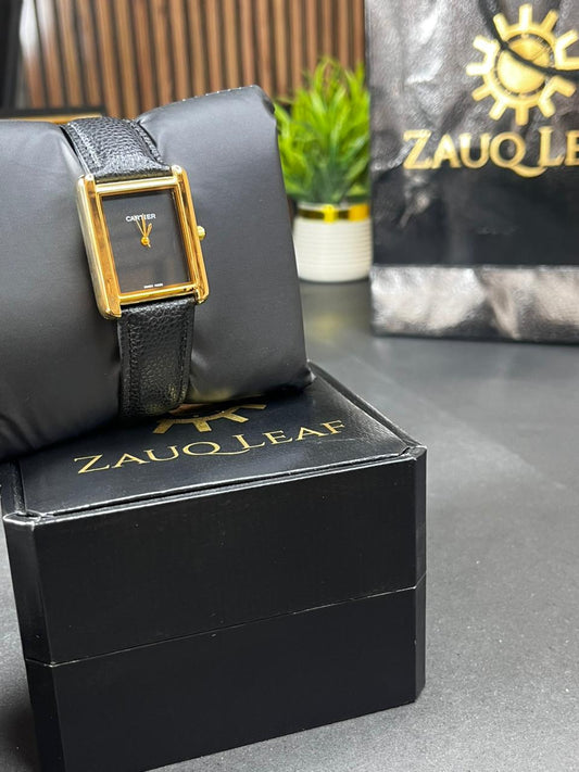 Cartier Inspired Gold Case Black Leather Old Money Men's Watch