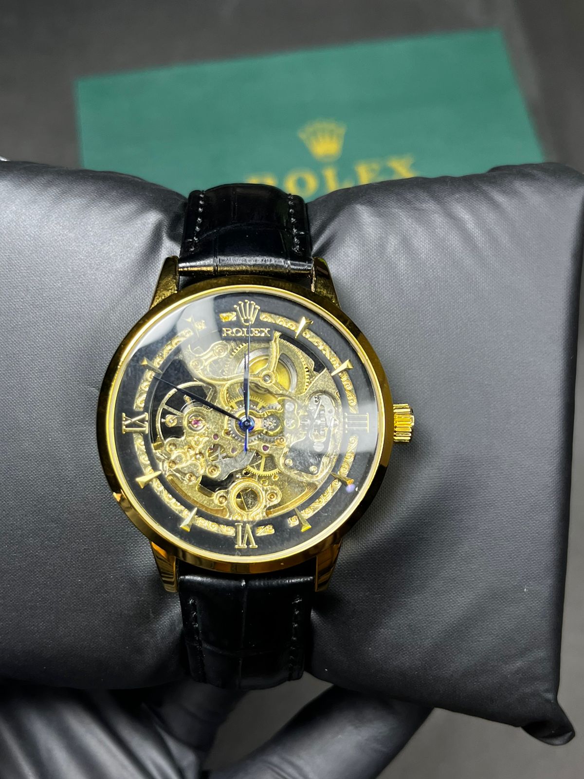 ZAUQ LEAF Rolex Inspired Gold Case Black Strap Skeleton Automatic Watch