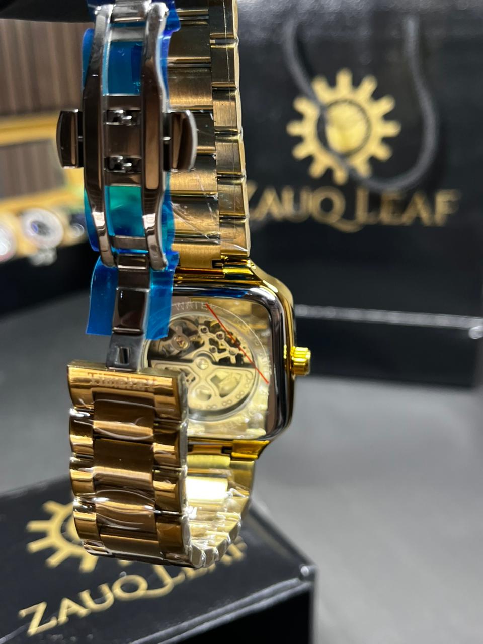 Zauq Leaf Timekey Gold Square Skeleton Automatic Men's Watch