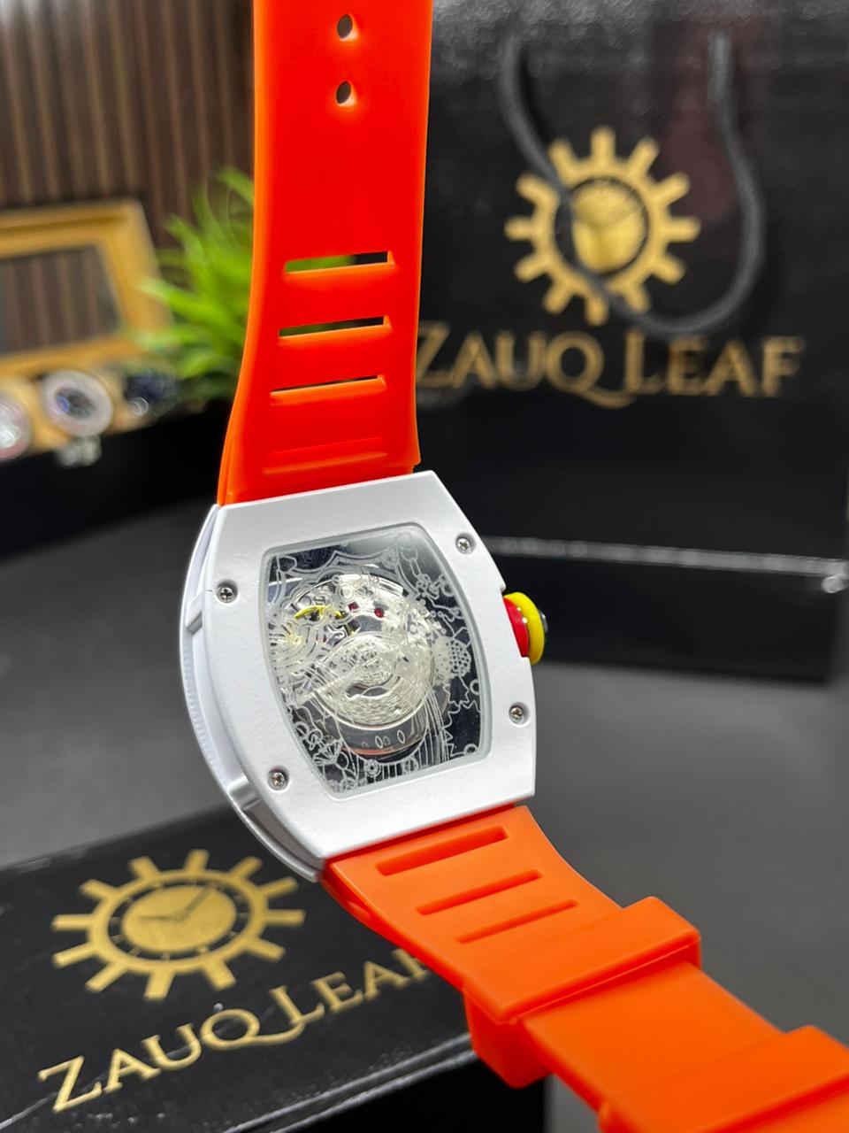 Zauq Leaf RM 88 Inspired White Case Orange Strap Smiley Men's Watch