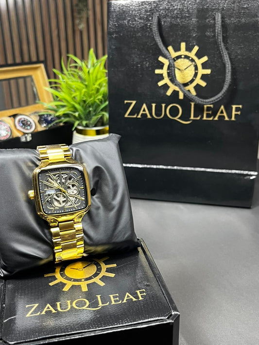 Zauq Leaf Timekey Gold Square Skeleton Automatic Men's Watch