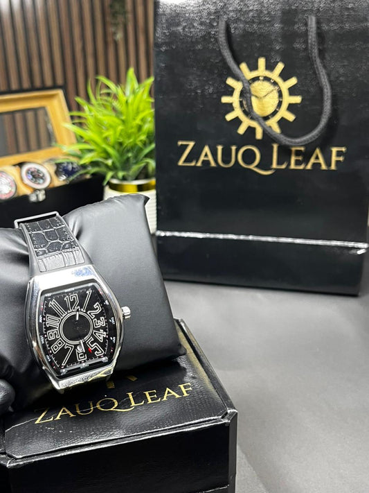 Zauq Leaf Jet Black FRANK MULLER Inspired  Design Tonneau Style Men's Watch