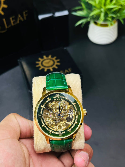ZAUQ LEAF Rolex Inspired Gold Case Green Strap Skeleton Automatic Watch